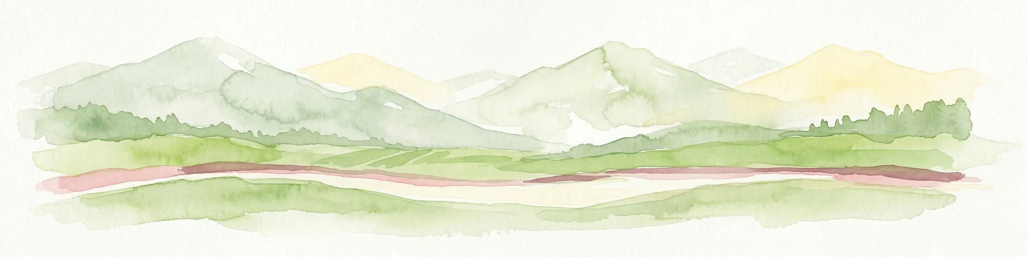 Pintura de acuarela que muestra un valle fluvial con cordilleras al fondo y campos verdes
