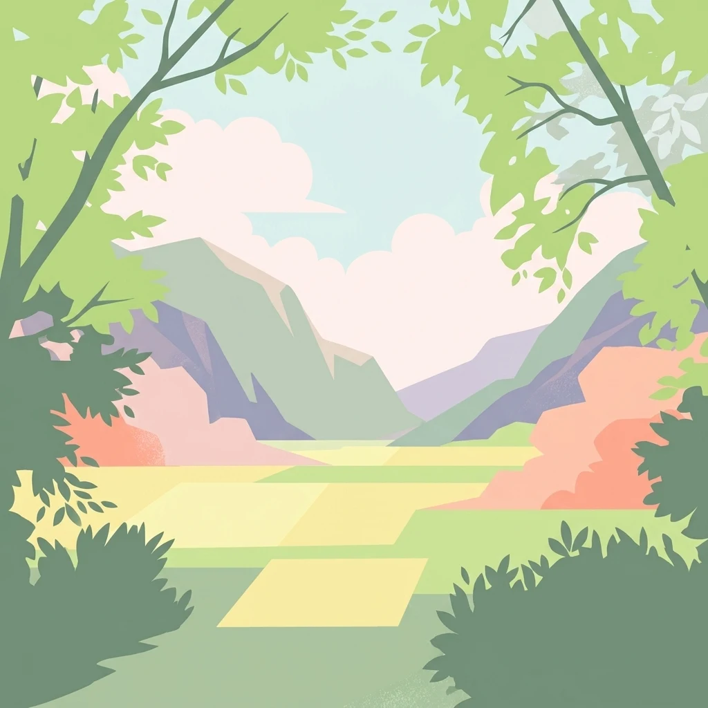 Una ilustración plana y estilizada que muestra una vista a través de los árboles hacia un valle con colinas onduladas y un río, representada en tonos pastel.
