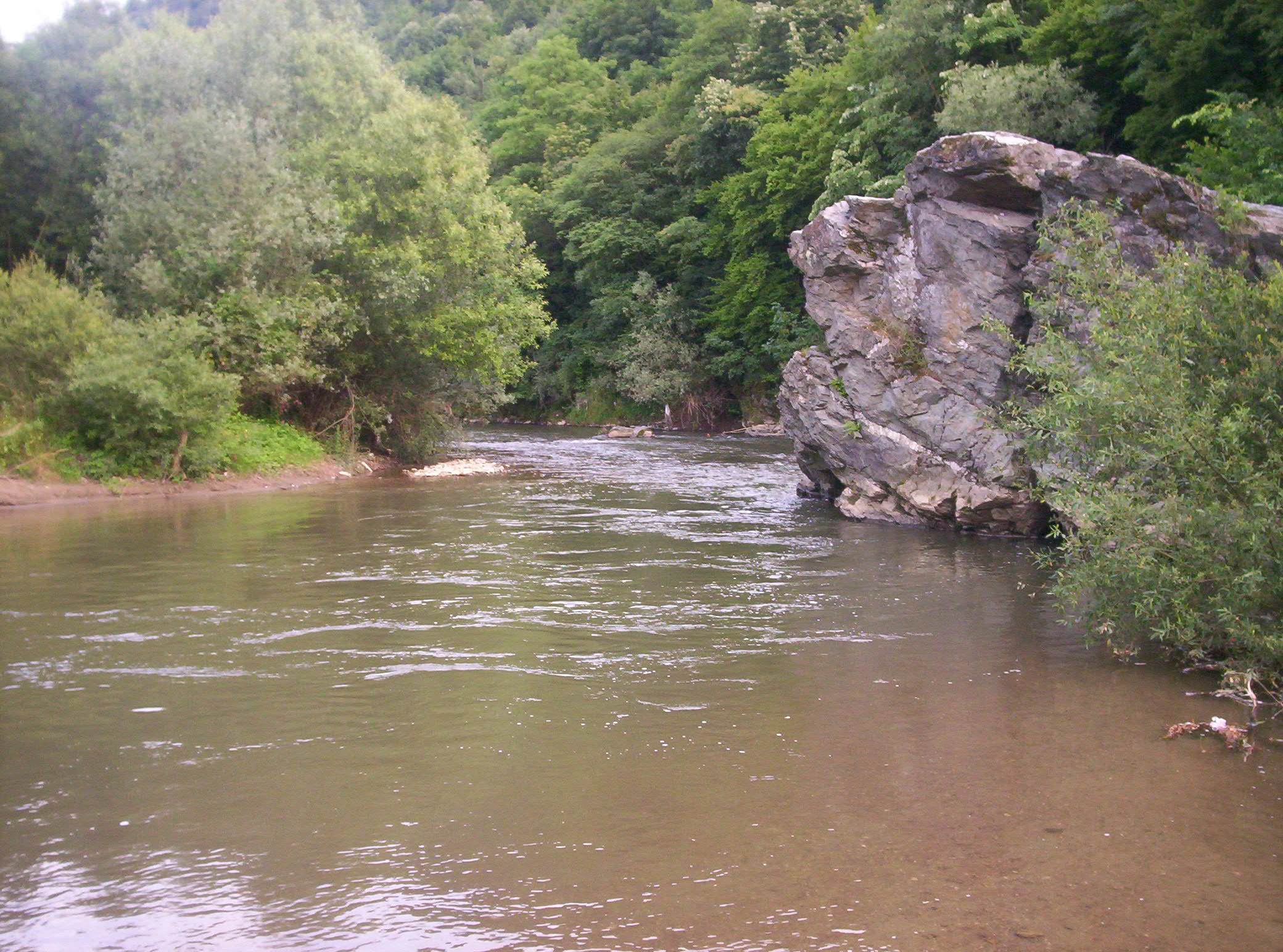 River flowing through forested area with large rock formation on right bank