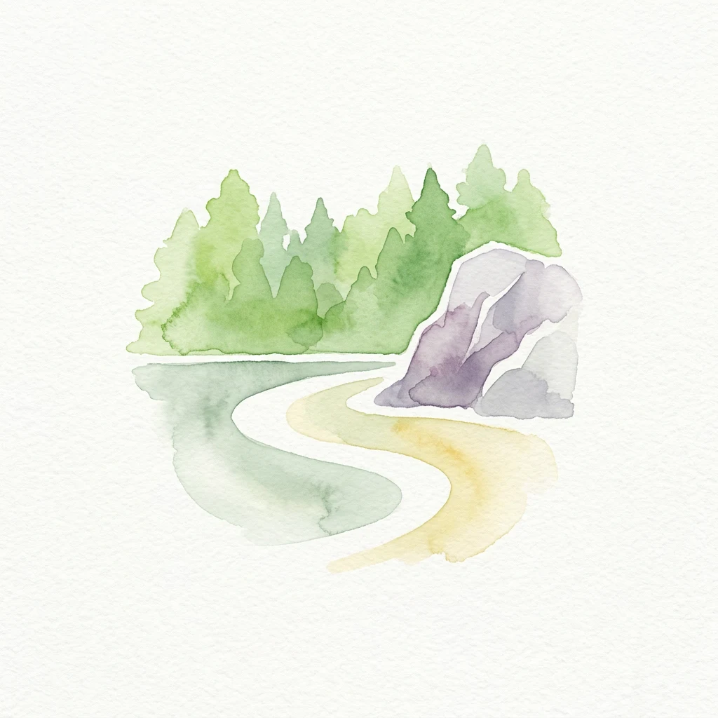 Watercolor painting showing a winding river, green trees, and a purple rock outcrop