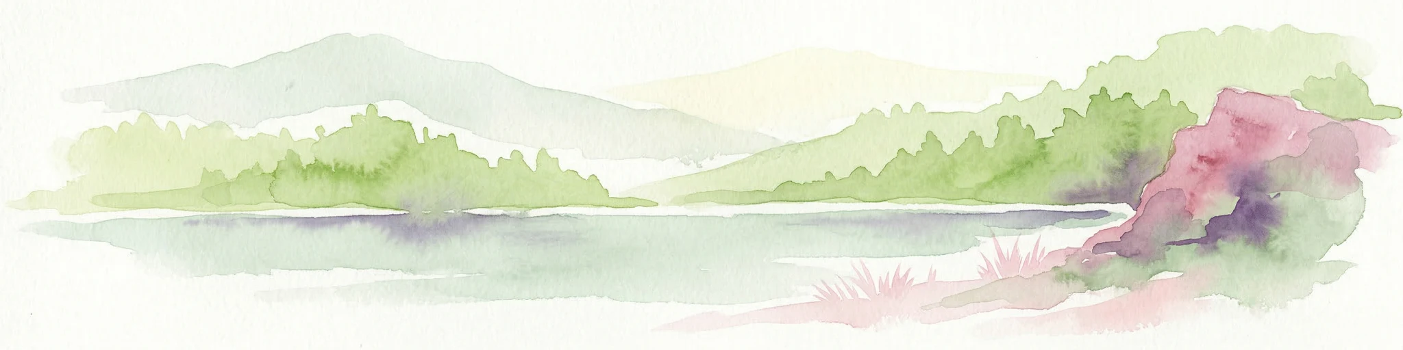 Ilustración en acuarela de un lago rodeado de colinas verdes y montañas, con un afloramiento rocoso de tono rosado a la derecha