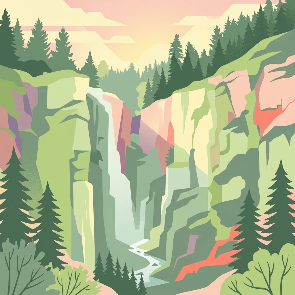 An artistic, stylized vector-style illustration of a steep, rocky gorge with a waterfall cascading between cliffs lined with coniferous trees.