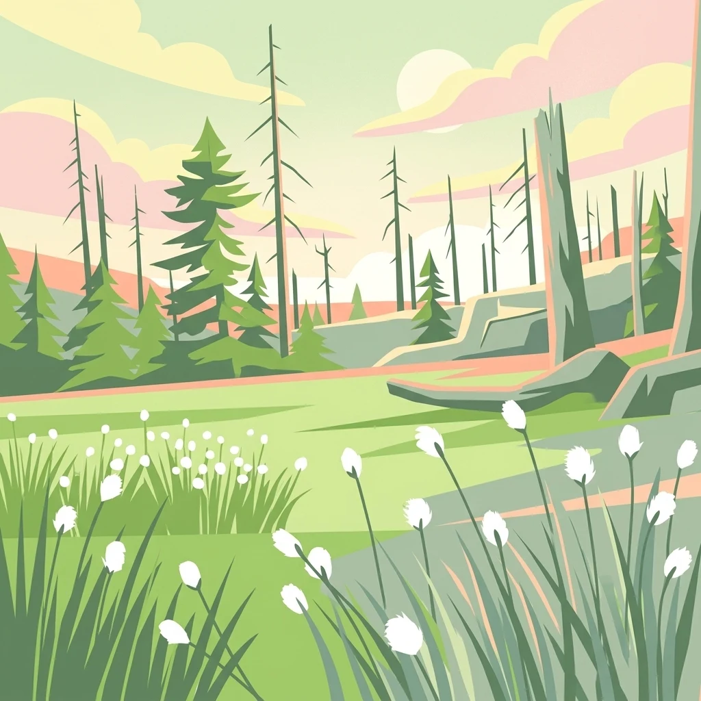 Una ilustración digital que representa una pradera pantanosa con algodoncillo en primer plano y un bosque de abetos y troncos muertos al fondo bajo un cielo pálido y de colores suaves.