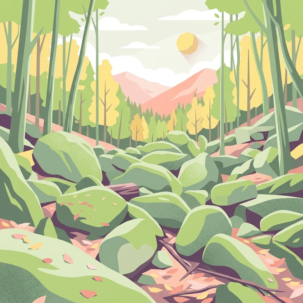 A stylized digital illustration of a forest floor covered in mossy green granite boulders, surrounded by trees with yellow autumn leaves, with distant hills under a soft sun.