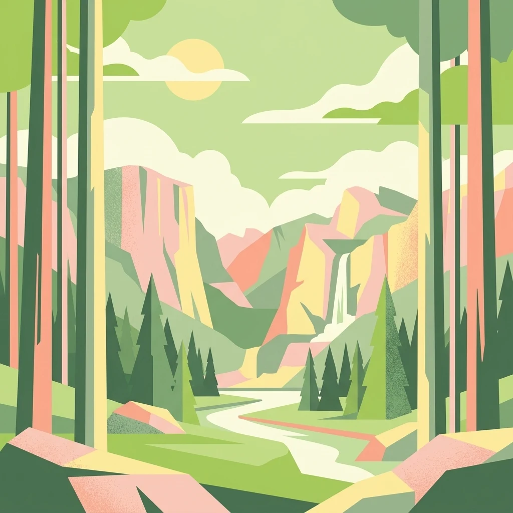 A graphic illustration showing a mountain valley scene with tall pine trees in the foreground, a winding river, and a waterfall cascading down a cliff in the background under a pale sun.
