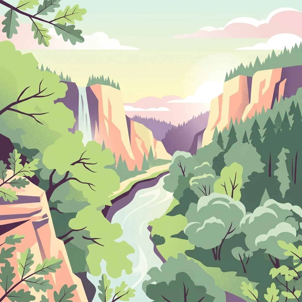 A digital illustration of a river flowing through a lush canyon with a waterfall on the left cliff face, surrounded by trees and mountains.