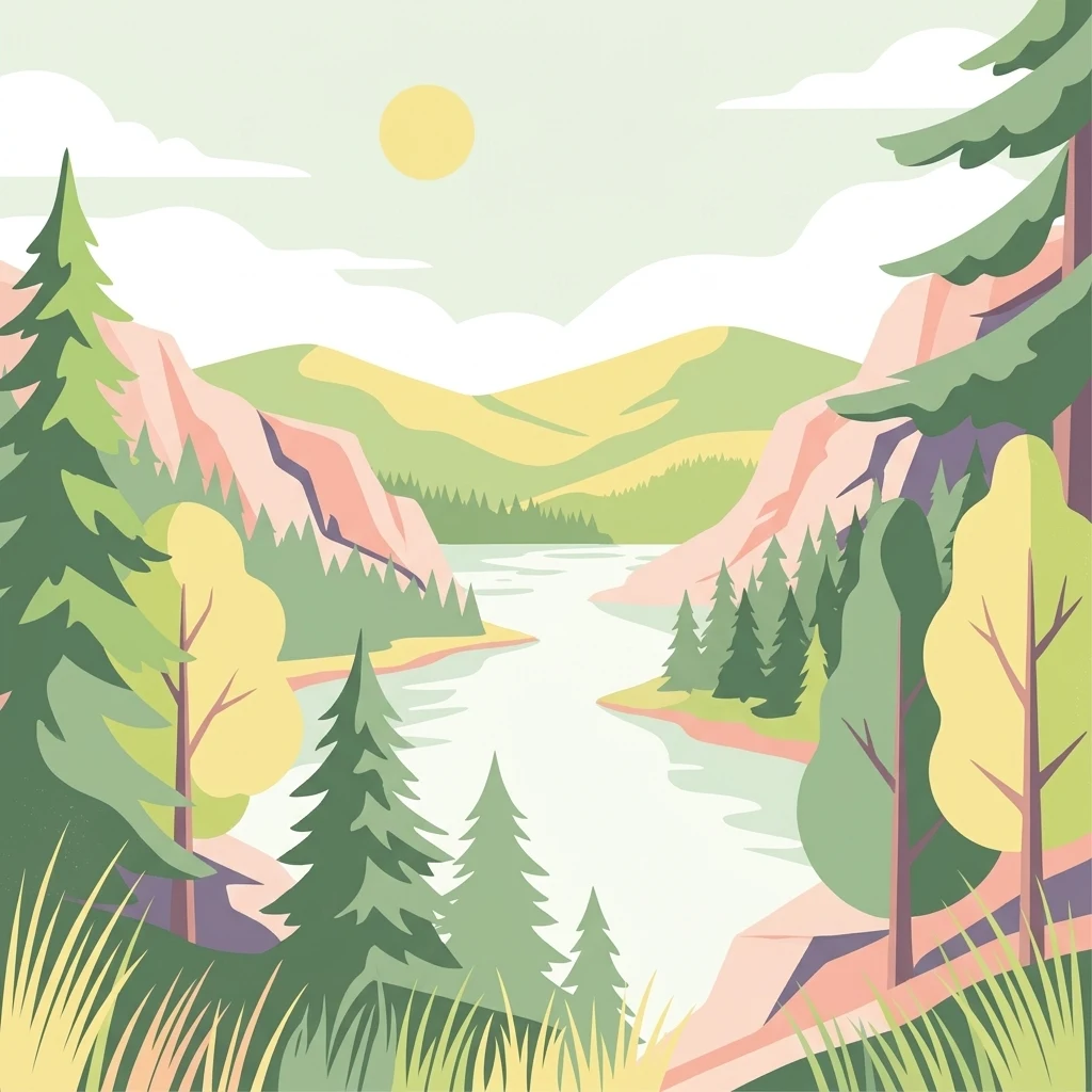 A flat-style vector illustration showing a river flowing through a forested valley with rolling hills in the background and a yellow sun in the sky.