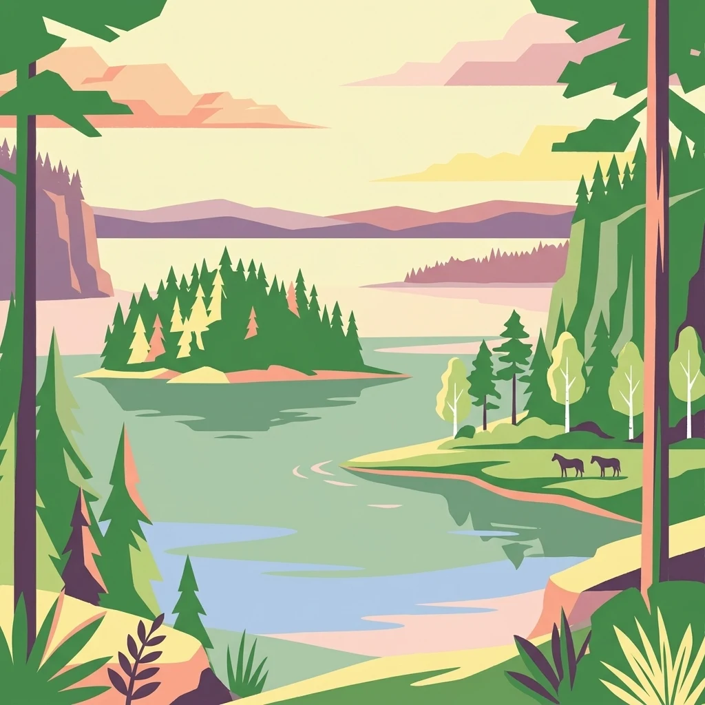 Stylized illustration showing a lake with a forested island, coniferous trees, two horses on the shore, and distant mountains.