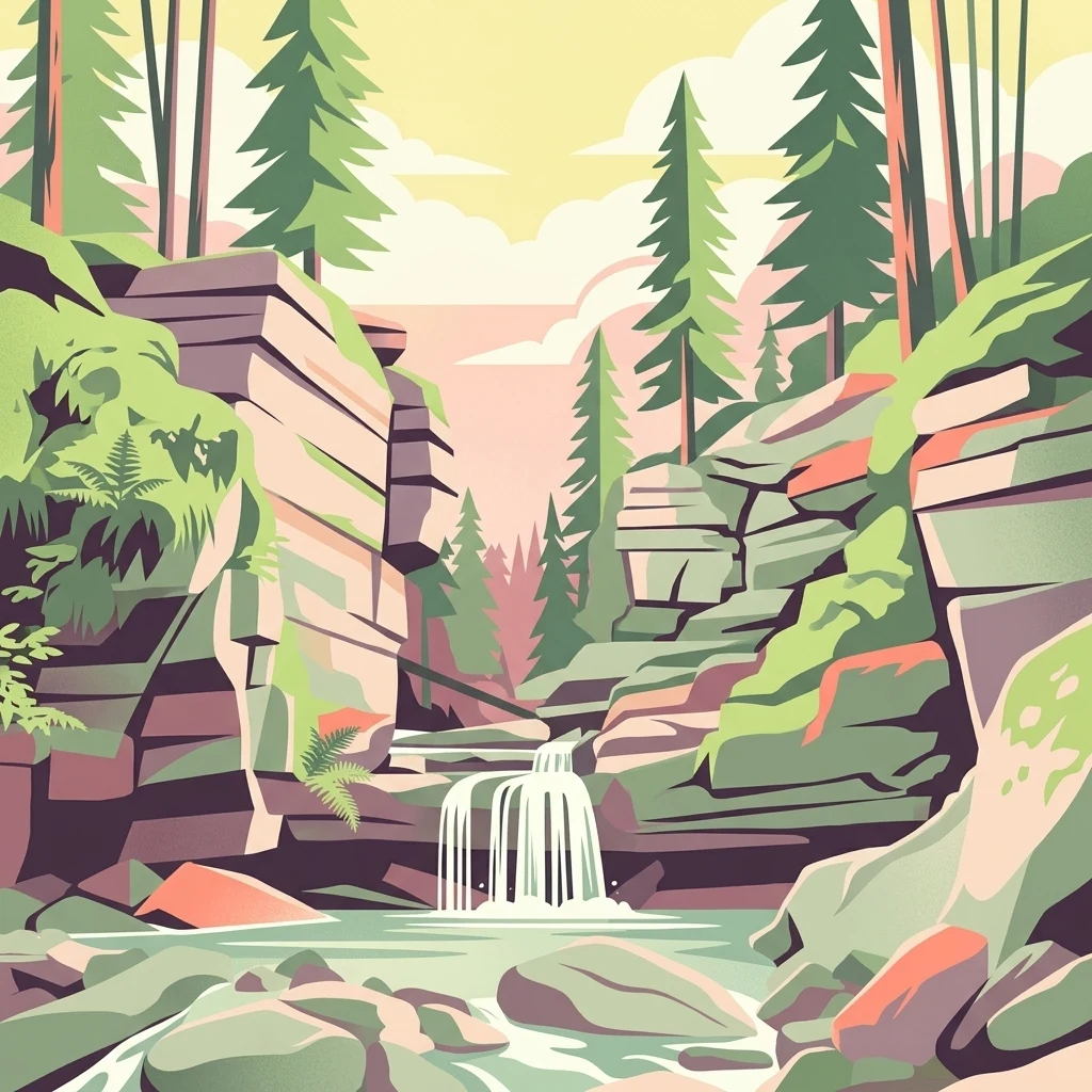 A flat-style digital illustration of a cascading waterfall flowing into a rocky pool, surrounded by layered cliff walls and pine trees under a soft-toned sky.