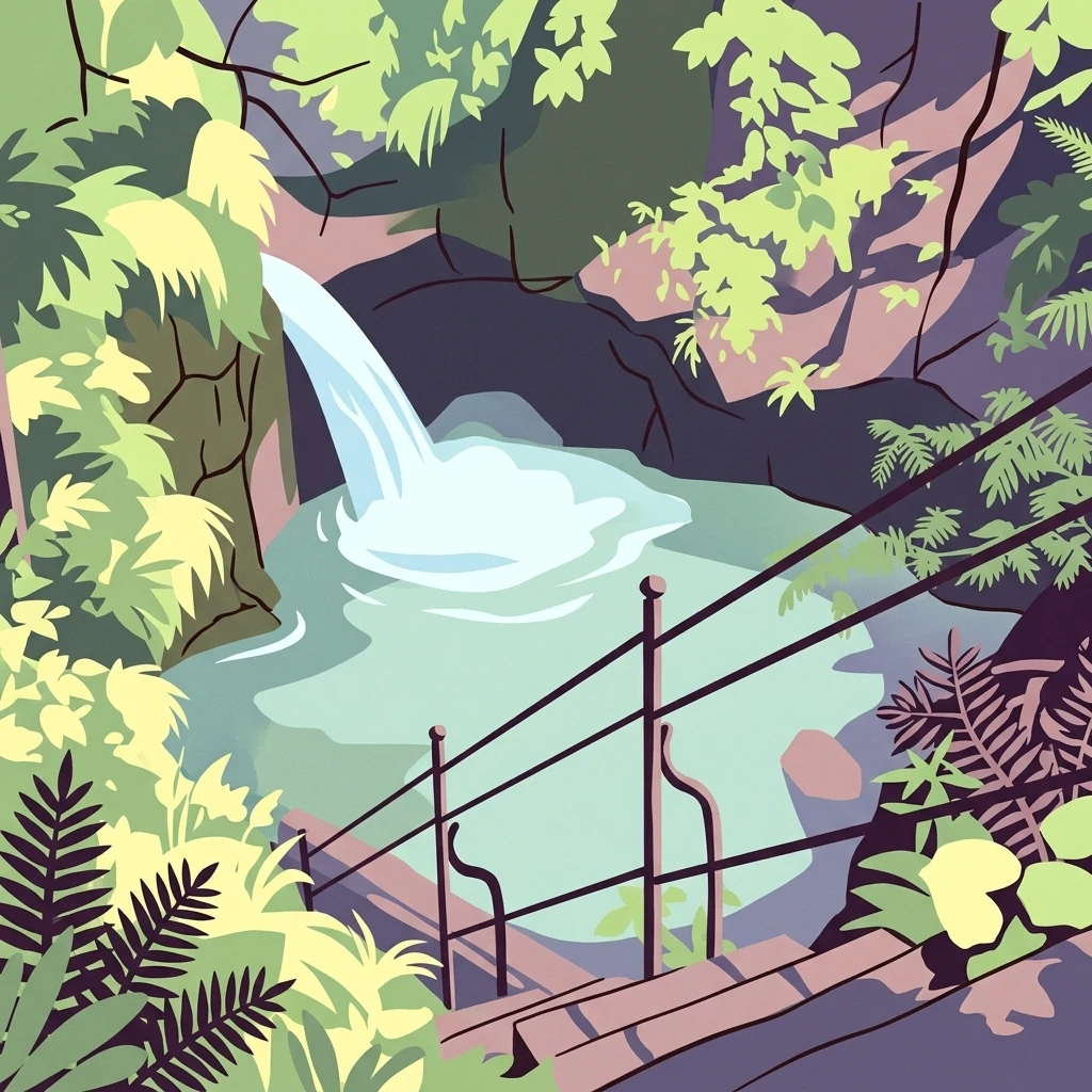 Stylized illustration of a small waterfall cascading into a rocky pool surrounded by lush green foliage and a metal staircase.