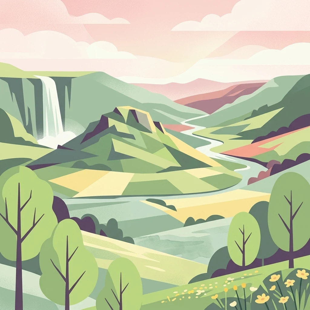Una ilustración vectorial estilizada que muestra un paisaje con colinas onduladas, un río serpenteante, una cascada en la distancia y una luz matinal suave con árboles en primer plano.