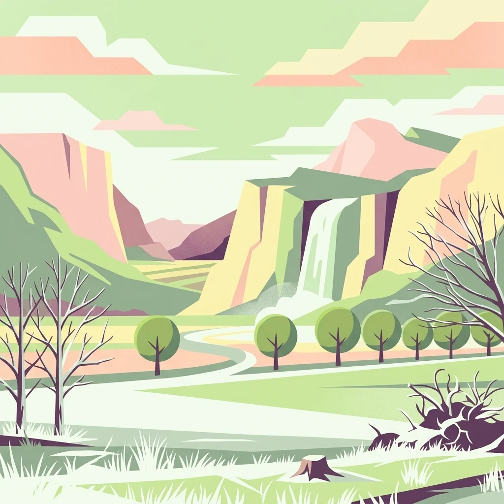 Una ilustración vectorial plana de un paisaje que muestra una cascada que cae por unos acantilados, árboles verdes, árboles sin hojas y un primer plano de hierba bajo un cielo de tonos pastel.