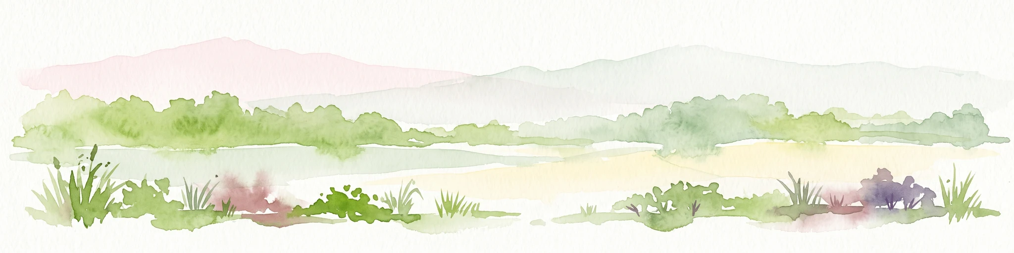 Una amplia ilustración en acuarela que representa un río tranquilo bordeado por hierbas y arbustos verdes, con colinas en tonos rosados y grises suaves al fondo.