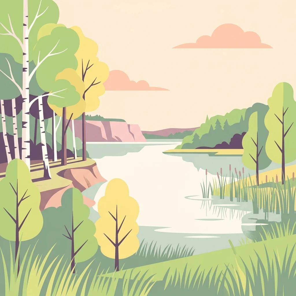 A flat-style vector illustration depicting a peaceful river landscape with birch trees, grassy banks, and calm water under a soft, pale sky.