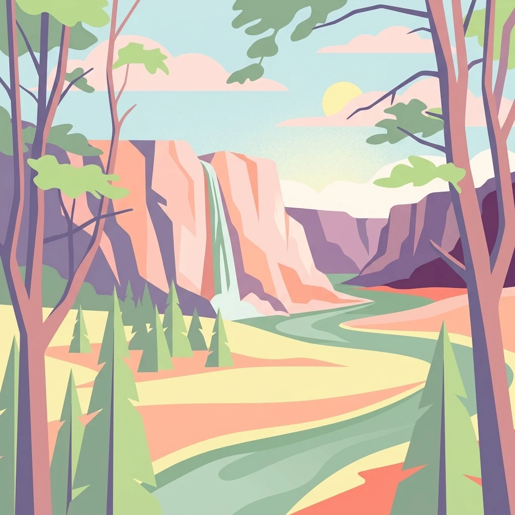 An artistic vector illustration depicting a canyon, a flowing river, a waterfall, and evergreen trees in a warm color palette.