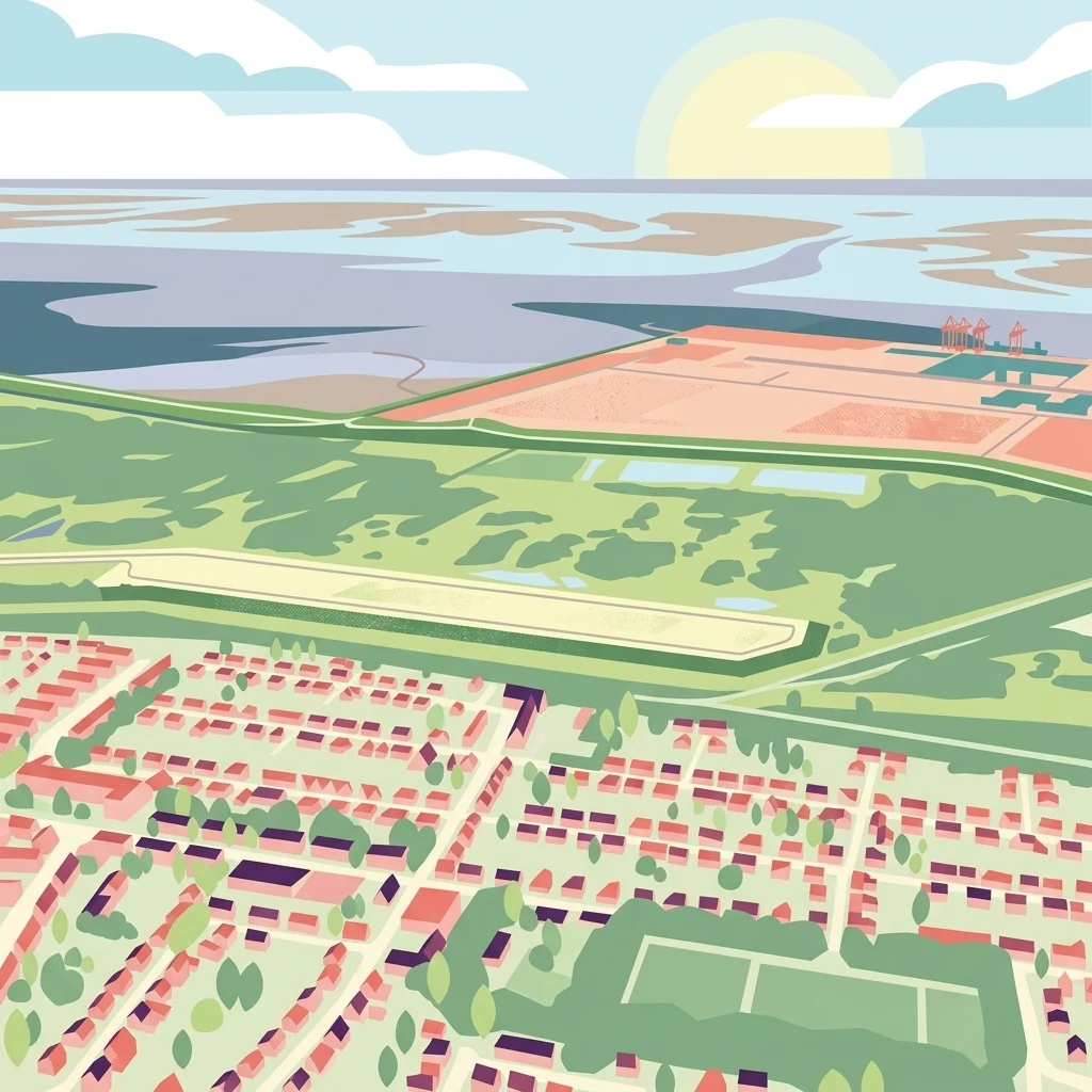 An aerial illustration showing a suburban housing grid in the foreground transitioning into green fields and finally the tidal mudflats and water of the Wadden Sea coast.