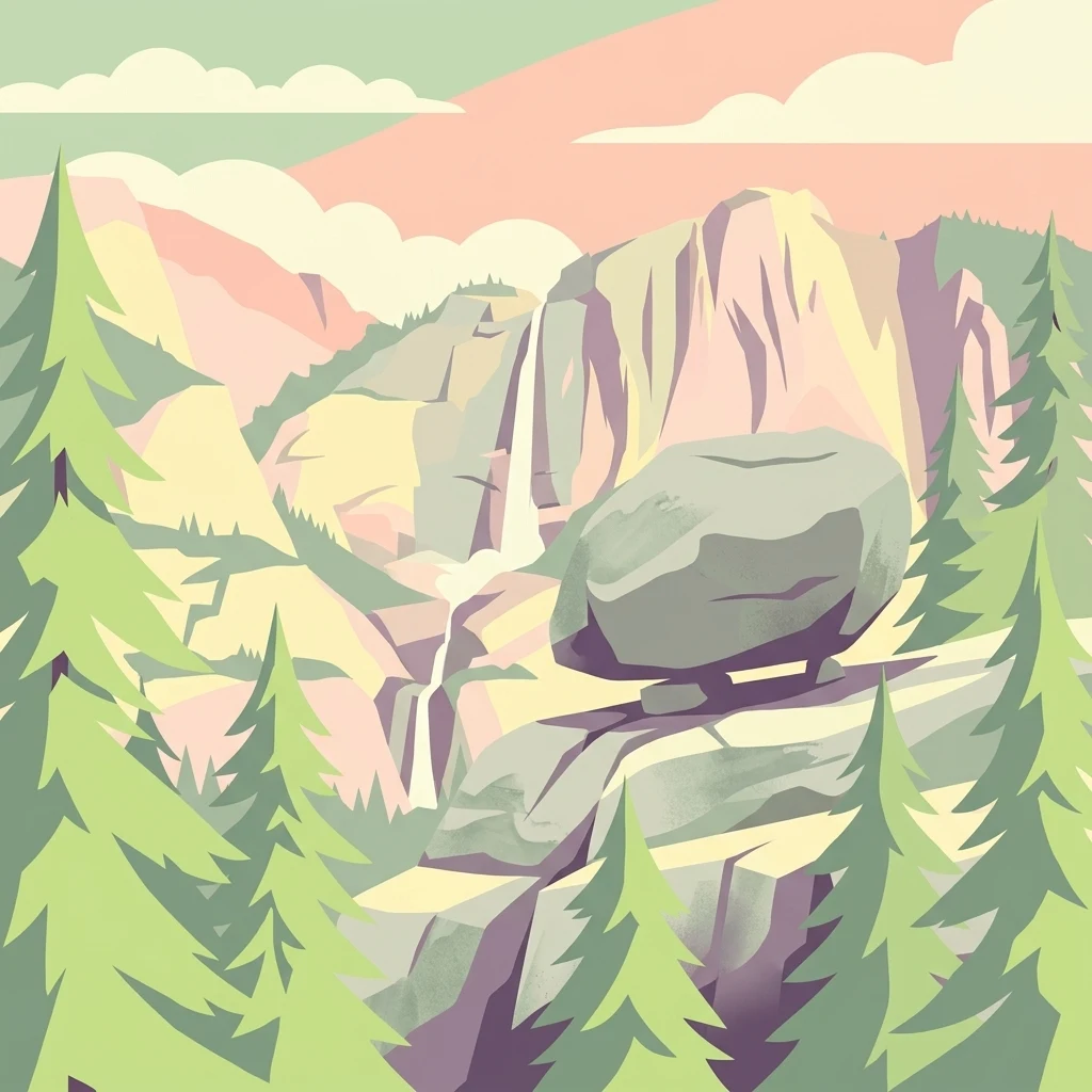 A stylized vector illustration featuring a large, balanced boulder perched on a cliff edge, surrounded by evergreen trees and a distant mountain waterfall.