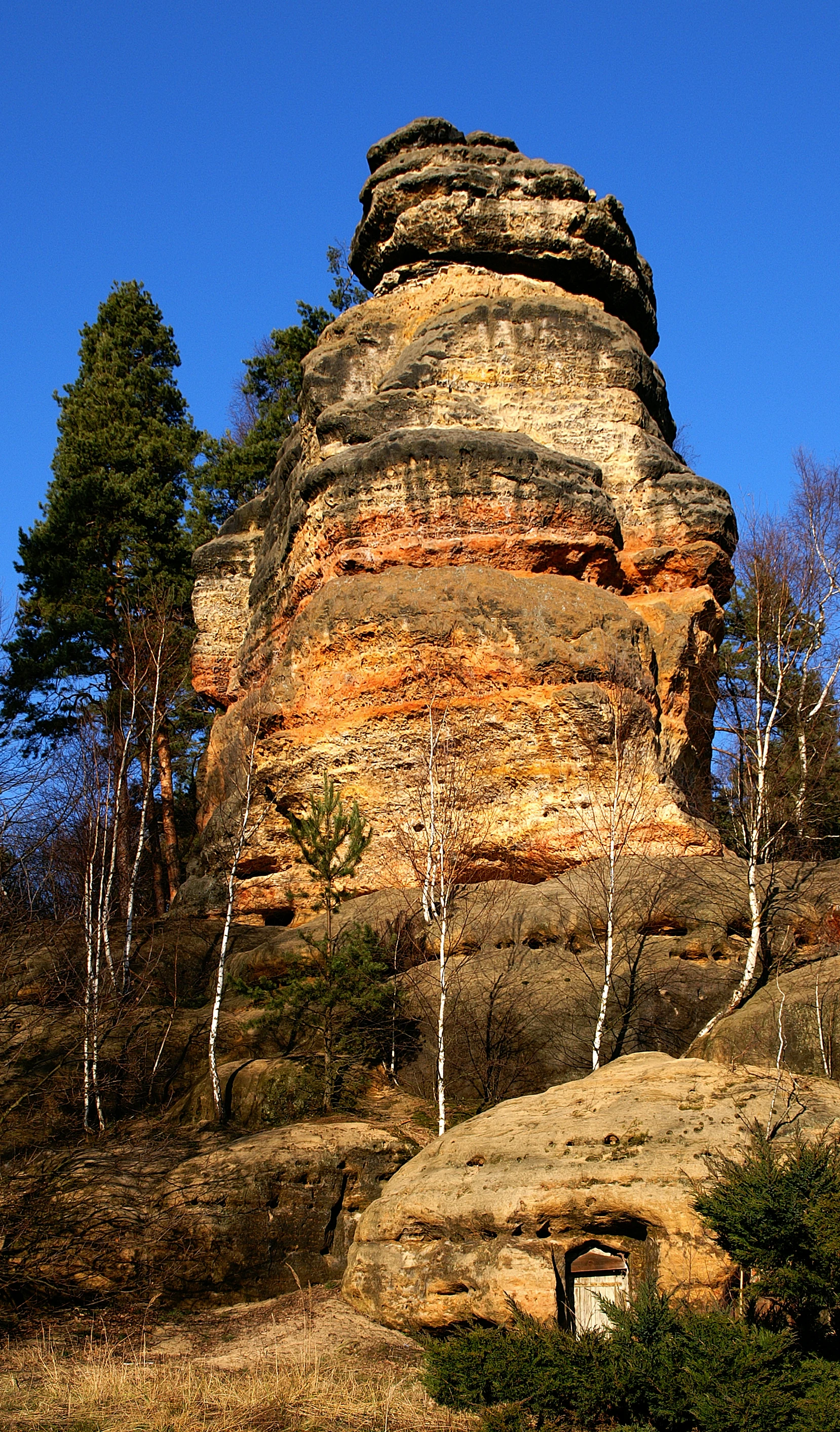 A large, vertically oriented sandstone rock tower with orange, tan, and brown horizontal striations rises against a clear deep blue sky, surrounded by small pine and birch trees.