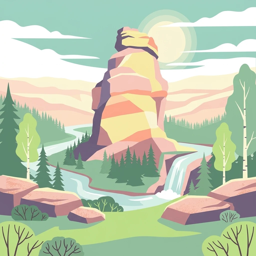 A stylized vector illustration of a central sandstone rock tower surrounded by a pine forest, a flowing stream, and a small waterfall, with a soft sun in the background.
