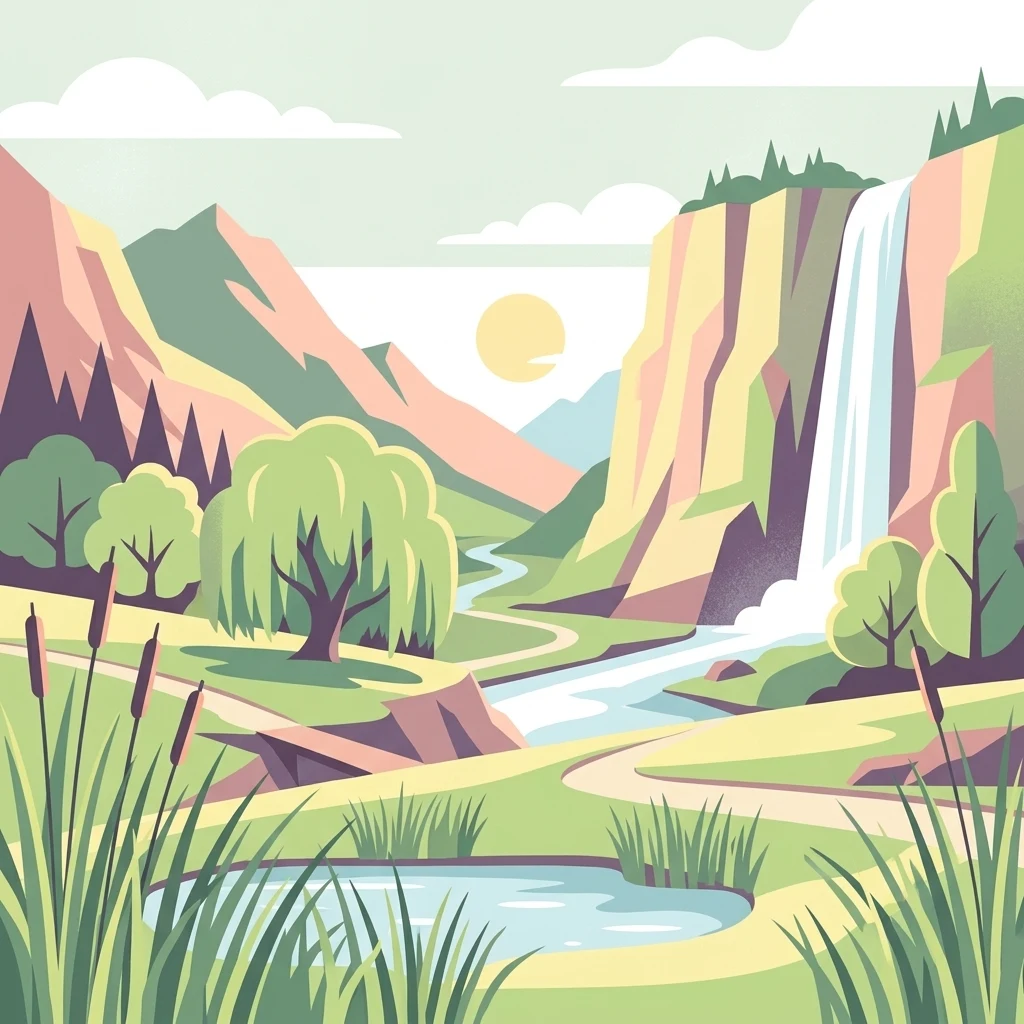 Una ilustración digital de estilo plano de un valle escénico con un pequeño estanque en primer plano, un río serpenteante y una cascada que cae por un acantilado al fondo.