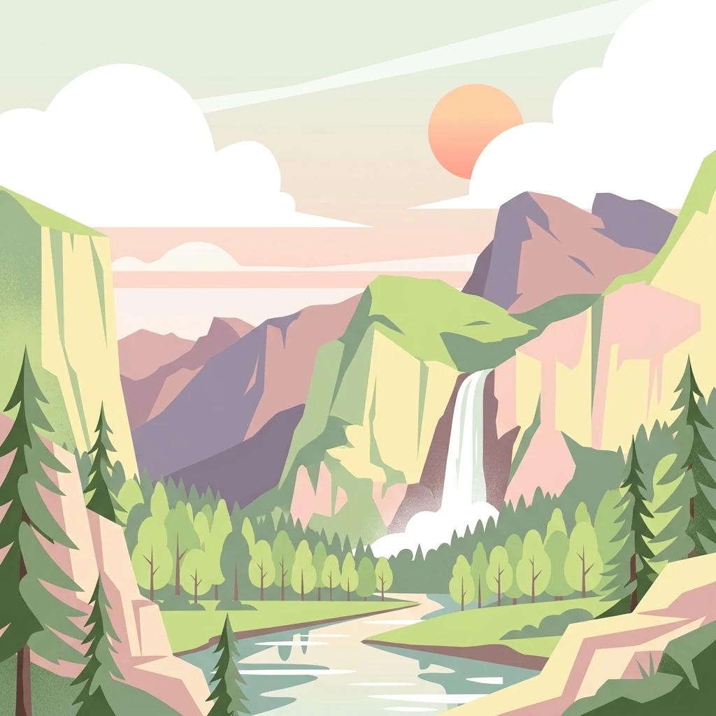 A flat, stylized digital illustration depicting a mountainous valley with a waterfall cascading from a rocky cliff into a river, surrounded by trees and clouds under a setting sun.