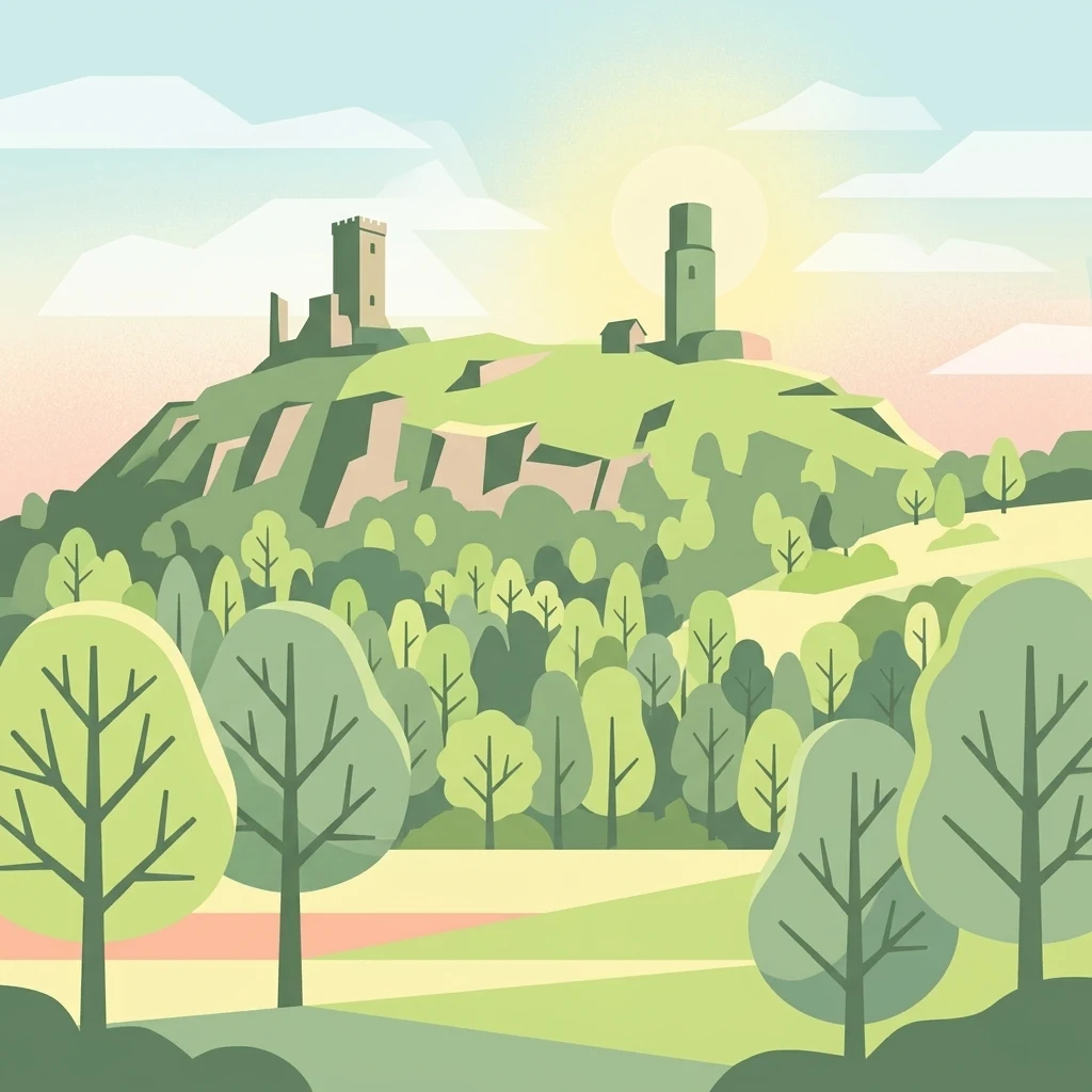 Una ilustración de estilo vectorial de las ruinas del castillo de Hazmburk en lo alto de una colina, rodeadas de árboles y campos bajo un cielo suave, similar al amanecer.