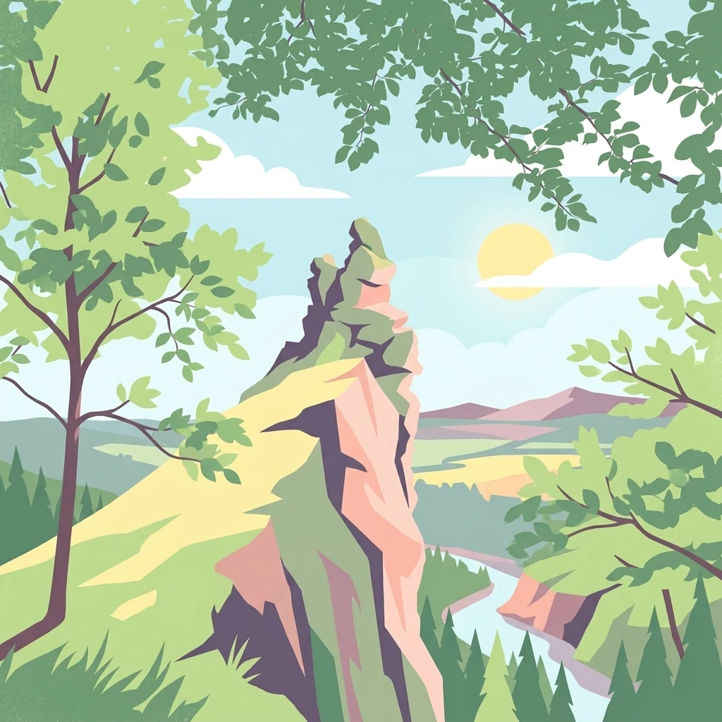 A graphic illustration showing a prominent, light-colored rocky outcrop rising above a forested landscape with a winding river and a sunlit sky.