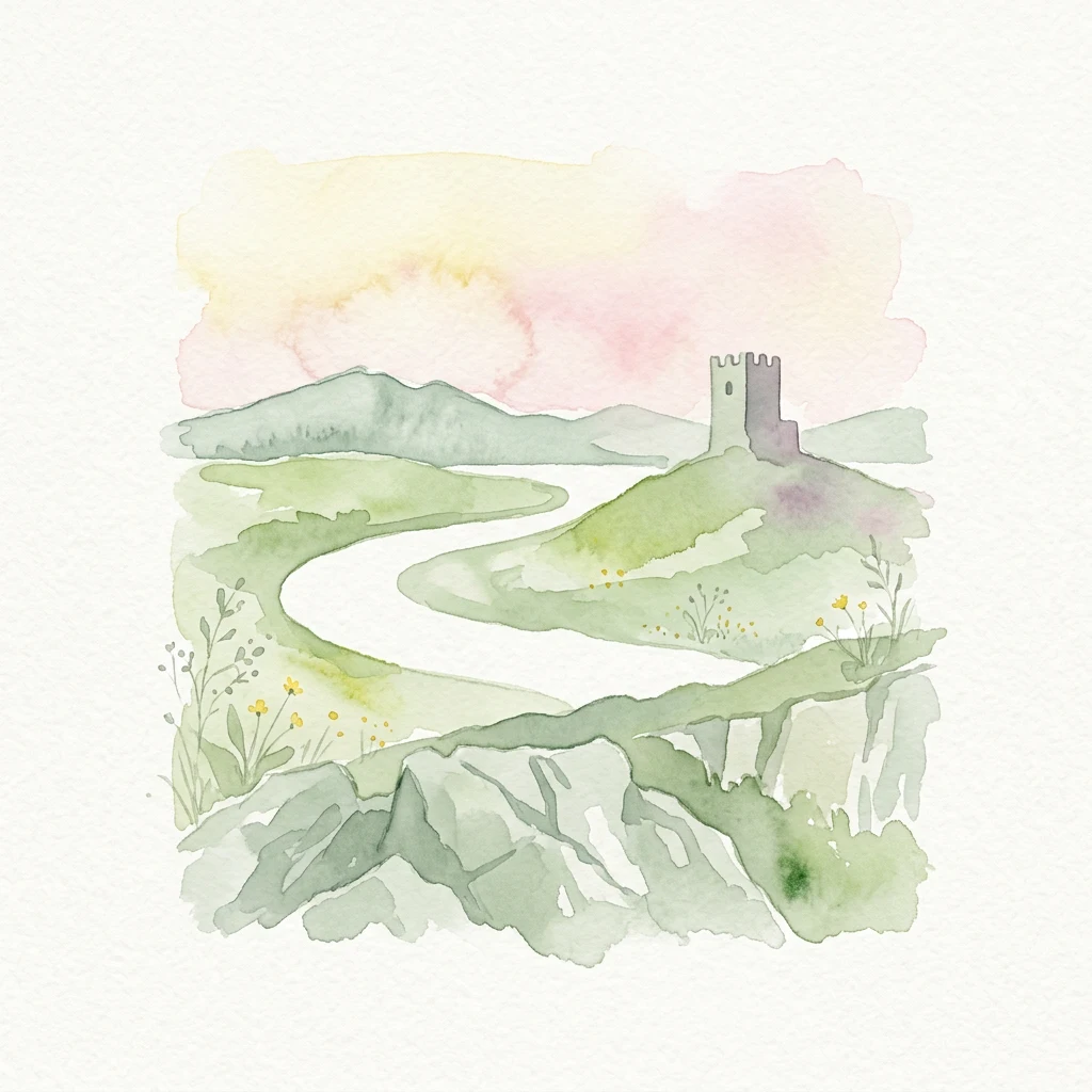 Watercolor illustration showing a winding river, a castle structure on a hill, and green rolling terrain under a pastel sky