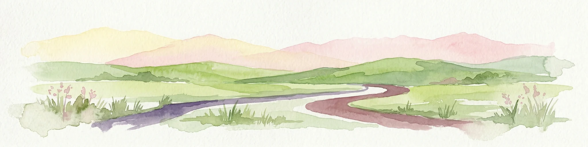 Ilustración acuarela que representa un paisaje con montañas, un río sinuoso y campos de hierba