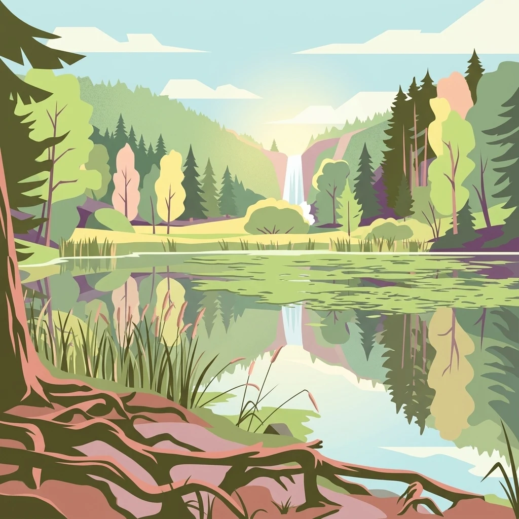 Una ilustración artística de estilo plano que muestra un estanque con agua reflectante, una cascada en la distancia y árboles, incluidos abetos y árboles de hoja caduca, en un valle.