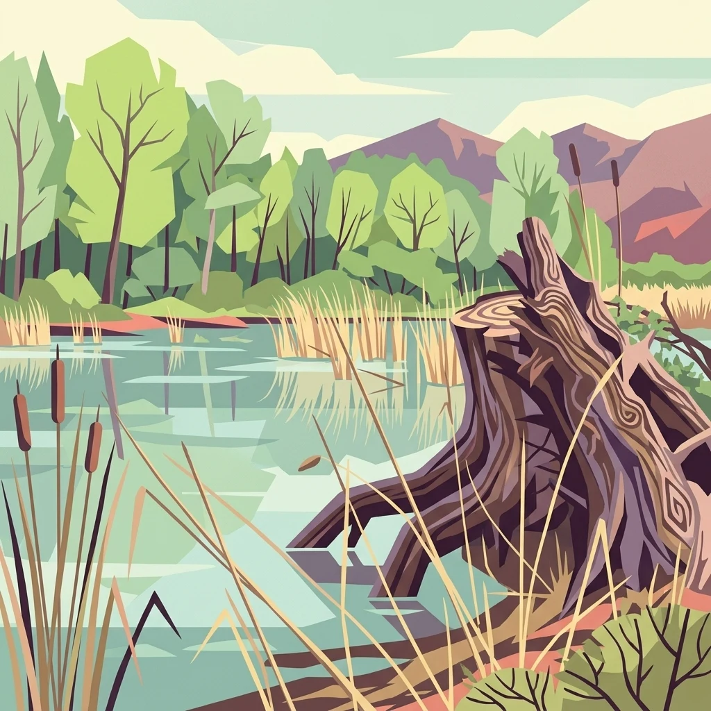 Una ilustración vectorial estilizada que muestra una escena de humedal con un gran tocón de árbol cortado en primer plano, espadañas, aguas tranquilas, árboles verdes y montañas moradas en la distancia.