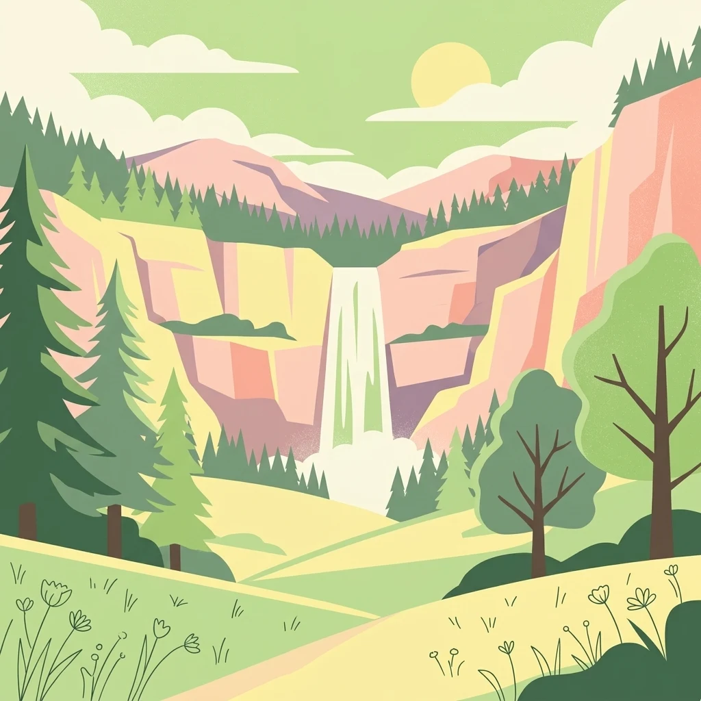 A flat vector illustration of a scenic valley featuring a central waterfall flowing between steep cliffs, surrounded by evergreen trees, deciduous trees, and grassy meadows under a sunlit sky.