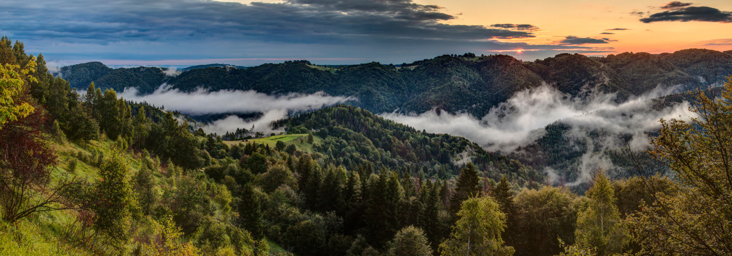 Panoramic sunrise view over rolling forested hills with mist in the valley