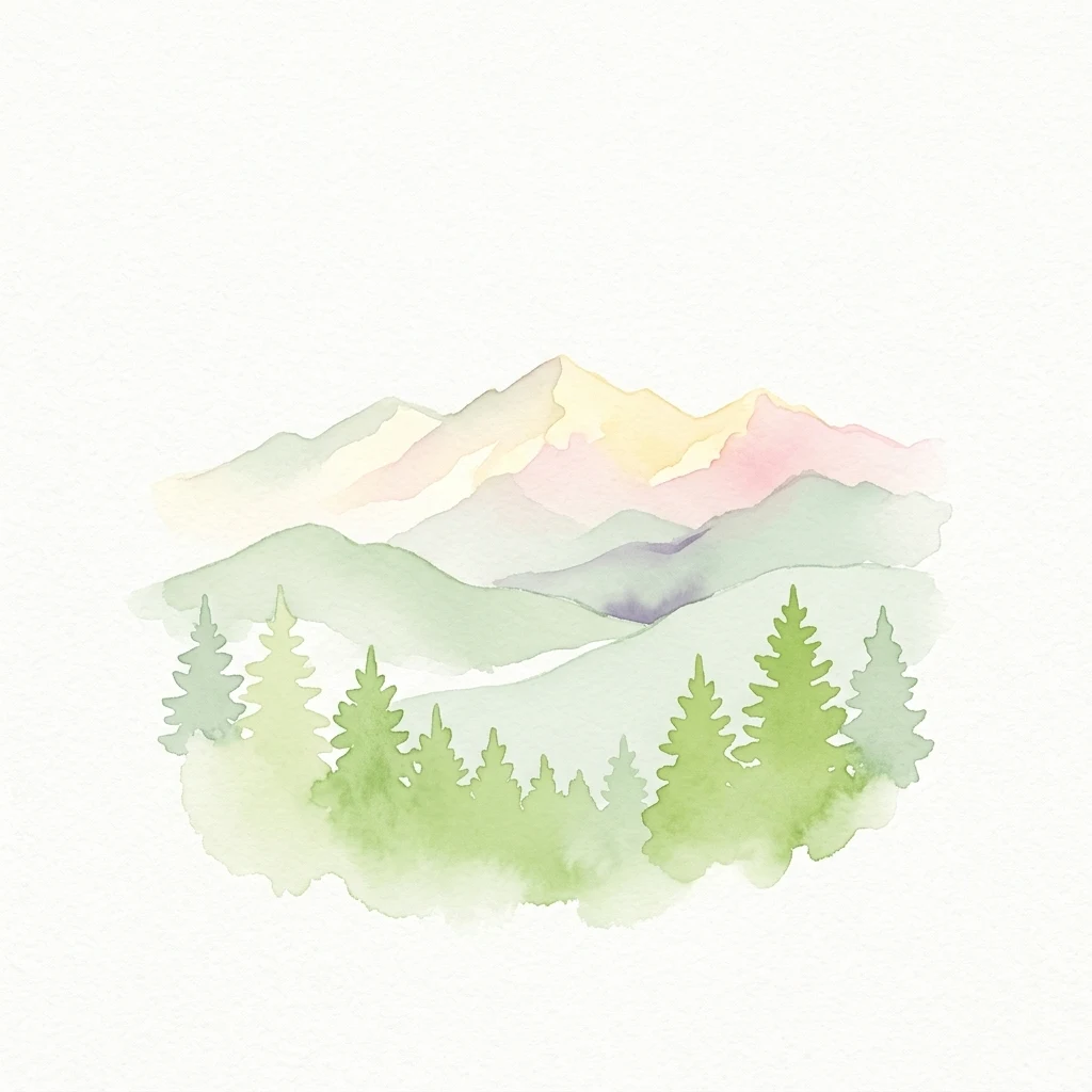 Ilustración acuarela de paisaje montañoso con bosque