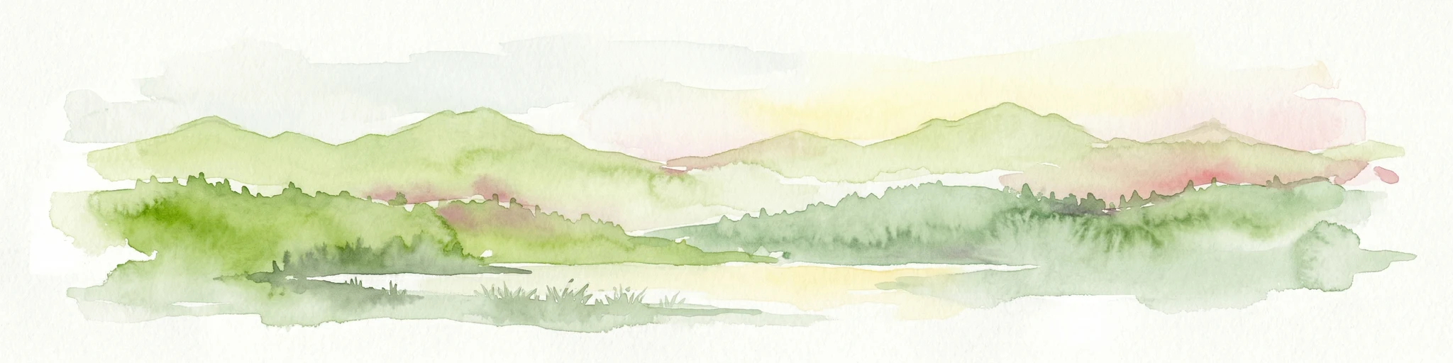 Pintura de acuarela que muestra un paisaje montañoso con colinas verdes, vegetación y un valle