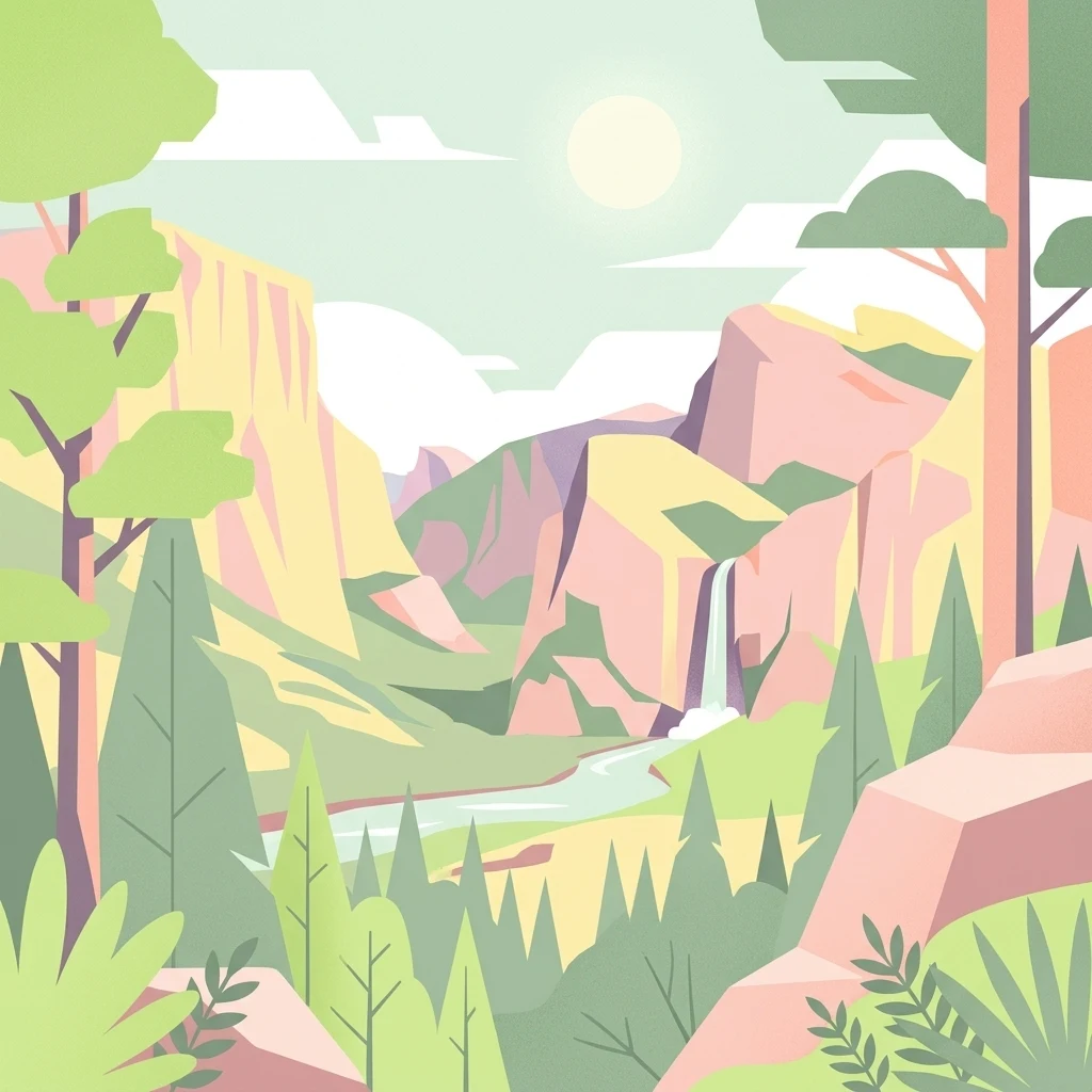 A flat-style vector illustration depicting a mountain valley with a waterfall cascading down a cliff, a river flowing through the center, and evergreen trees in the foreground.
