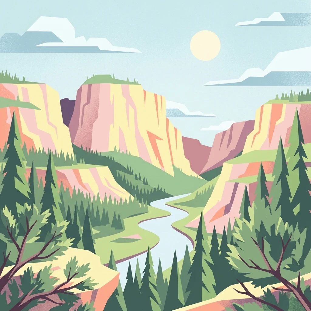 A flat-style digital illustration depicting a river flowing through a deep mountain canyon flanked by pine forests, with sunlight in a clear sky.