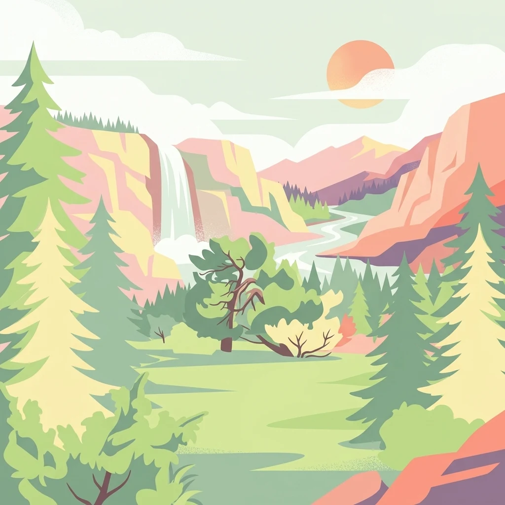 A flat-style digital illustration showing a mountain valley with a cascading waterfall, evergreen trees, and a sun in the sky.
