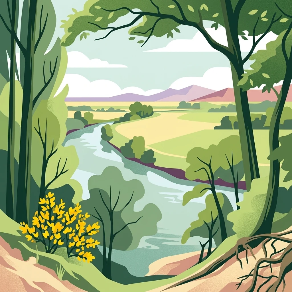 A stylized digital illustration showing a river curving through a green landscape, framed by tall trees in the foreground, with fields and distant purple hills under a cloudy sky.