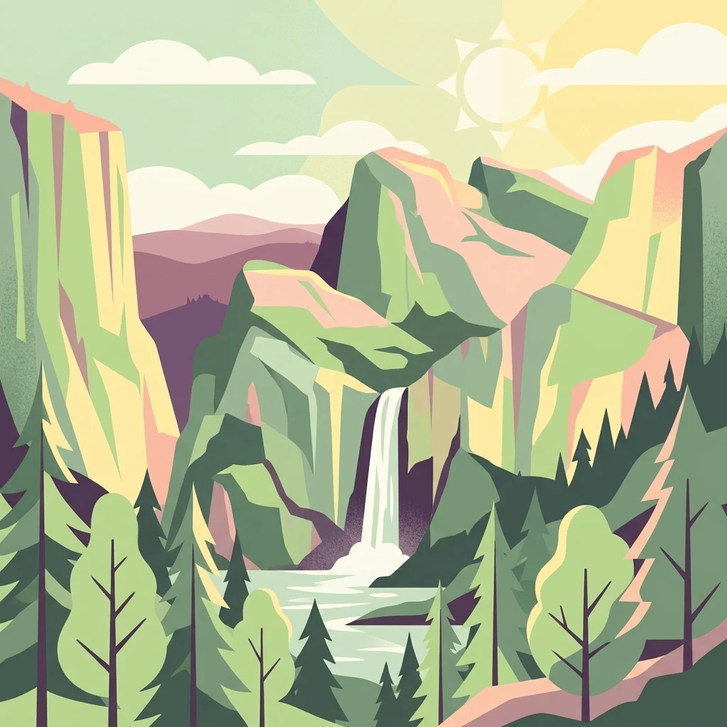 Una ilustración gráfica que representa un valle con acantilados rocosos escarpados y estilizados, una cascada que cae en una poza, y pinos circundantes bajo un sol estilizado.