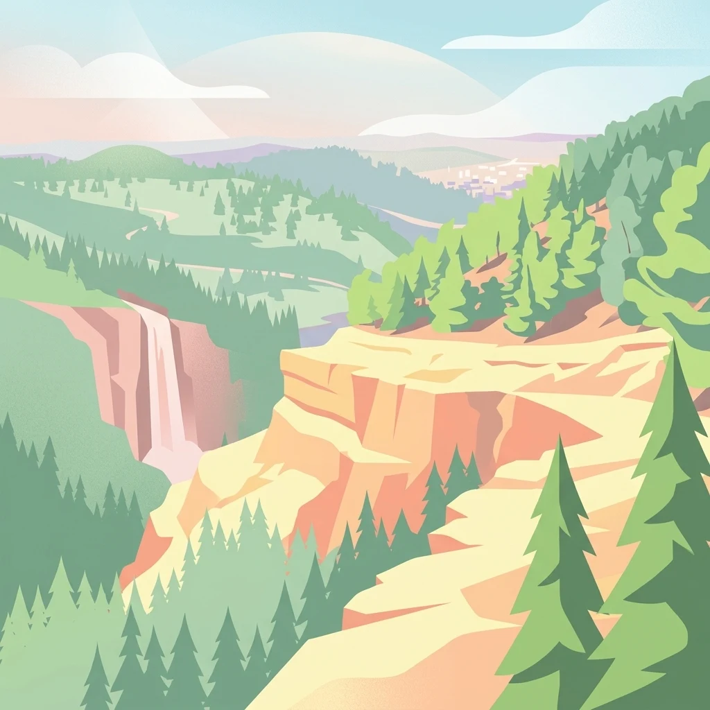 Una ilustración digital de un paisaje montañoso boscoso con una cascada que cae por la pared de un cañón.
