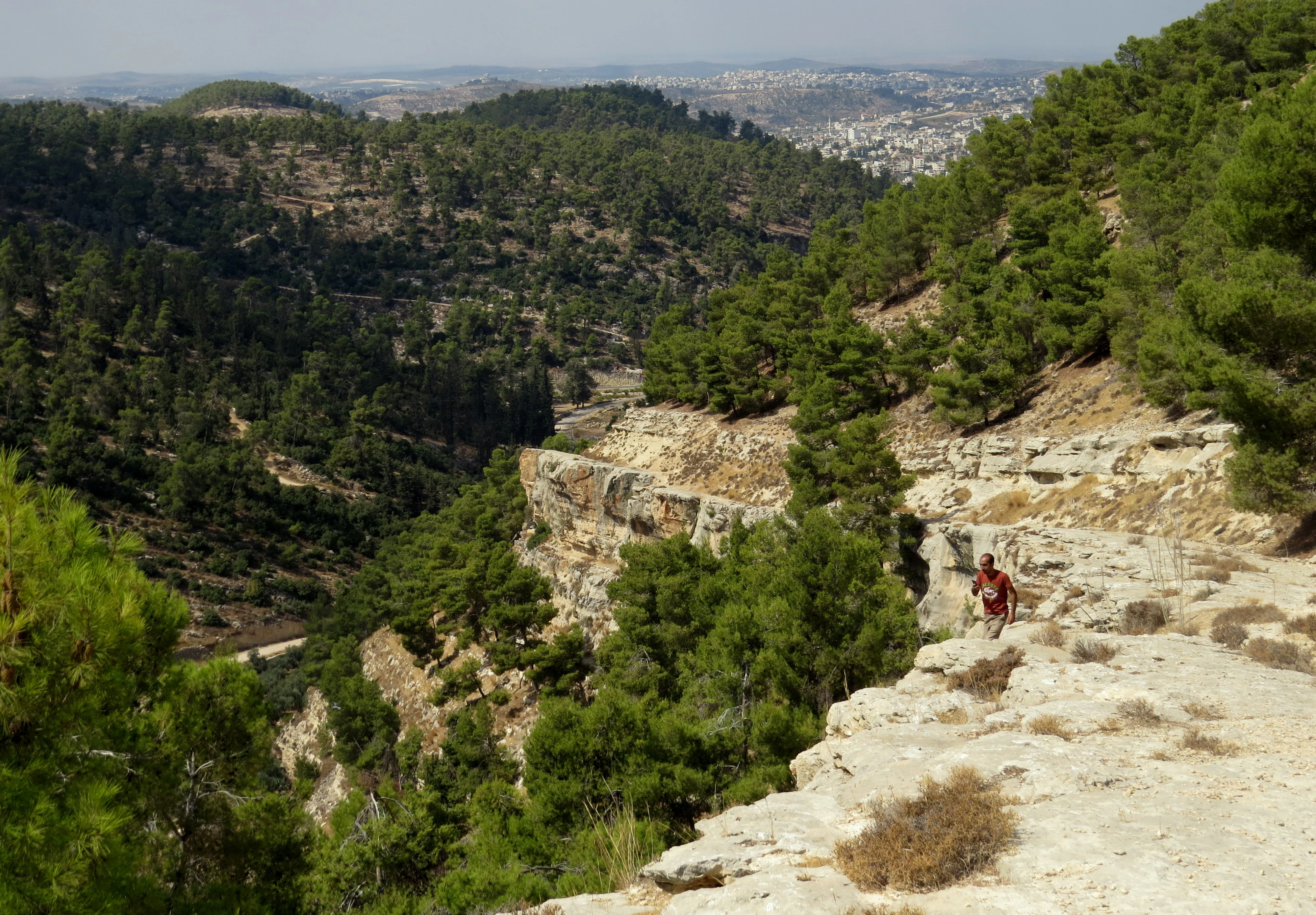 Una vista amplia al aire libre de un paisaje montañoso y boscoso con un acantilado rocoso en primer plano y un pueblo lejano visible en el horizonte, con una persona haciendo senderismo en el borde del camino.
