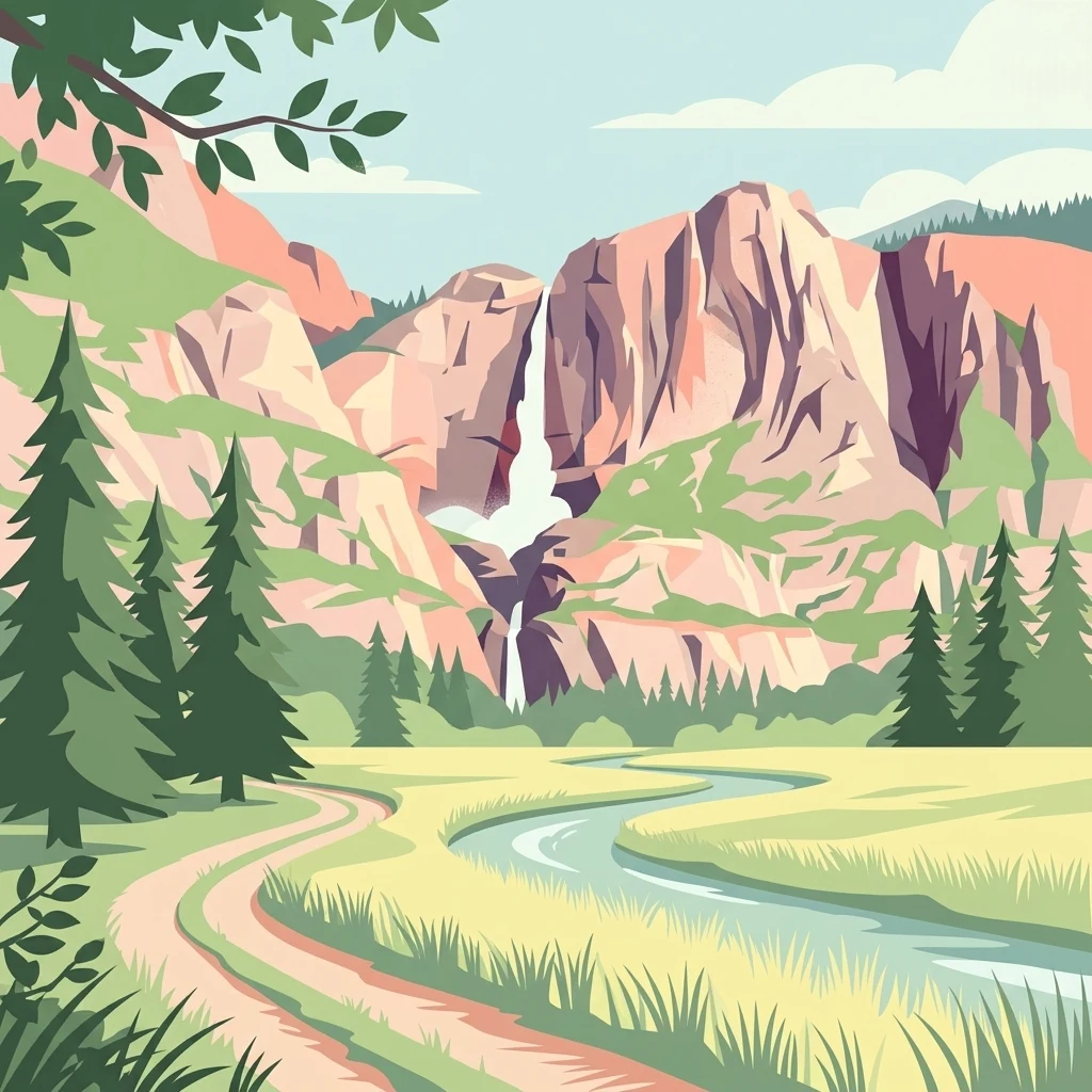A flat vector illustration showing a winding dirt path and a river flowing through a green meadow, flanked by pine trees, with large reddish rock formations and a waterfall in the background.