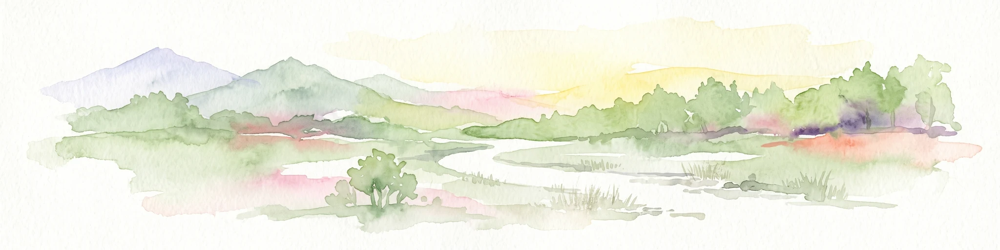 Ilustración en acuarela de un paisaje que muestra un río serpenteante a través de un valle verde, con colinas moradas ondulantes y árboles en tonos pastel suaves