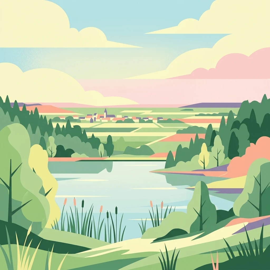 A flat-style digital illustration showing a lake surrounded by marshy vegetation, trees, and rolling fields with a distant village under a pastel-colored sky.