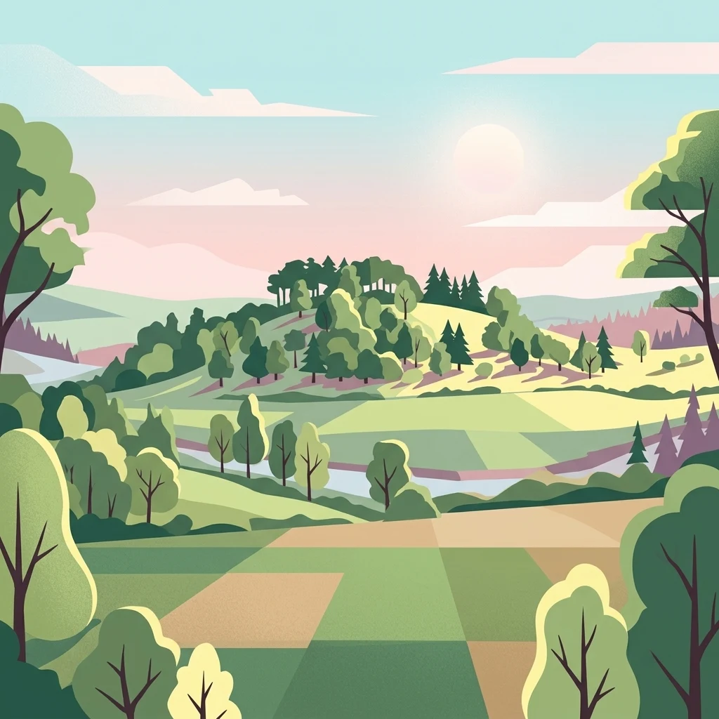 Digital illustration of a rolling rural landscape with fields, scattered trees, and a distant forested hill under a soft light.
