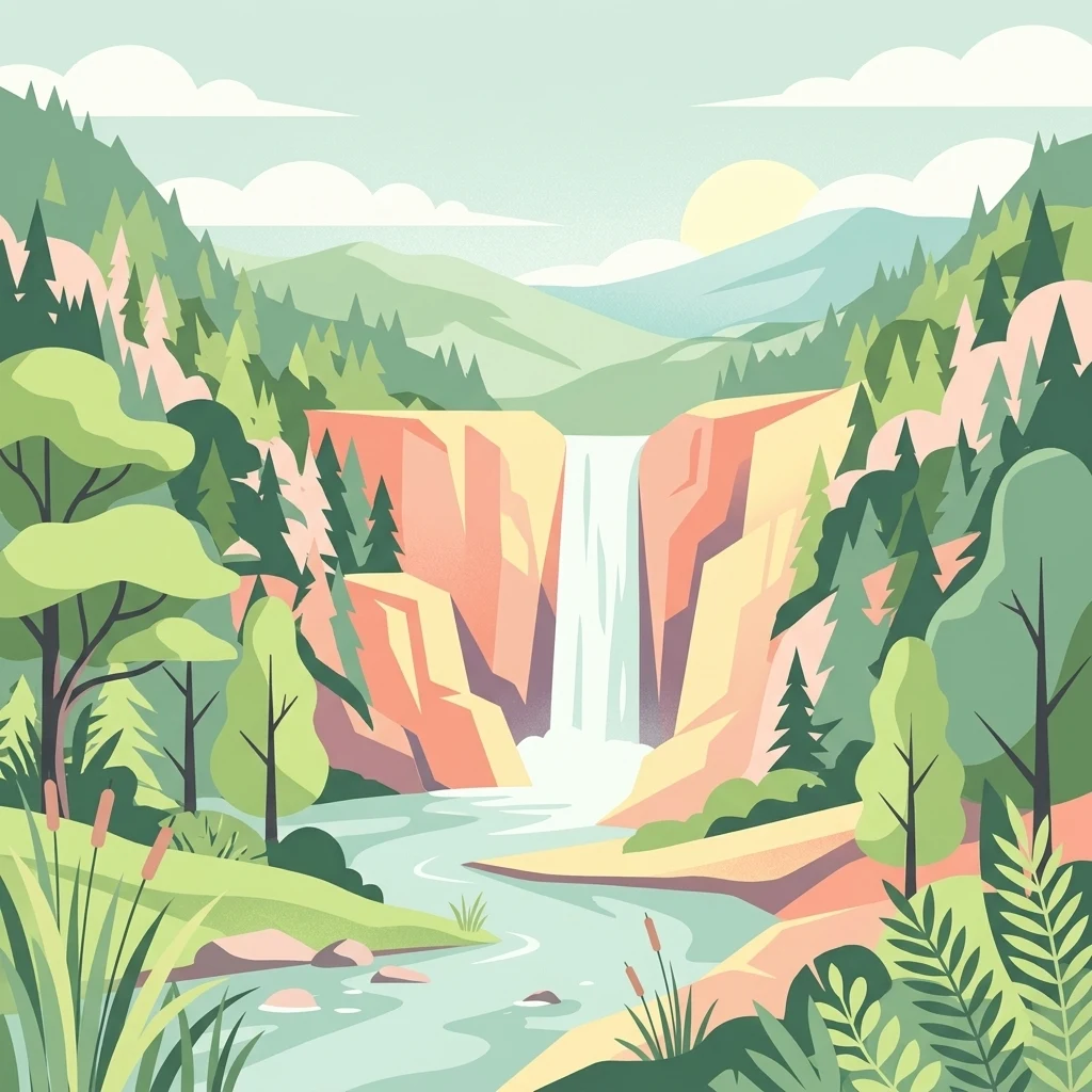Una ilustración vectorial estilizada de una cascada que se precipita por acantilados rocosos hacia un río serpenteante rodeado de un frondoso bosque verde.