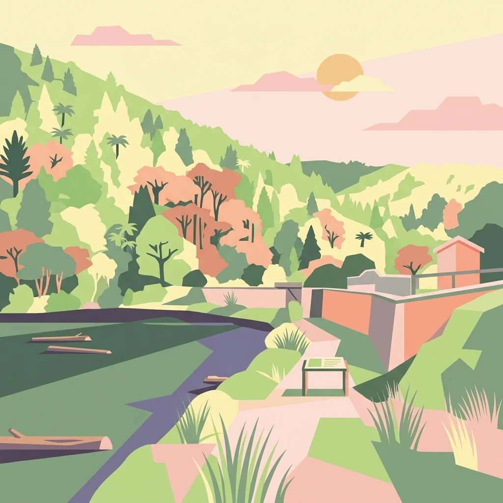 A stylized digital illustration featuring a reservoir at the base of lush, forested hills. In the foreground, a path leads to an information sign near the water, which contains several floating logs. A small structure sits near the water edge under a soft sunrise or sunset.