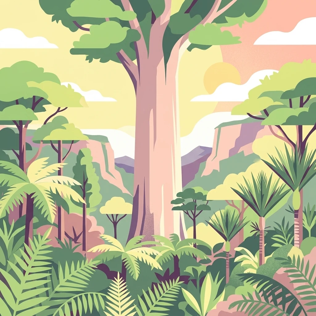 Una ilustración vectorial plana de una escena de bosque denso con un árbol prominente de tronco grueso en el centro, rodeado de árboles más pequeños y helechos, con un fondo de colinas bajo un cielo de color atardecer.