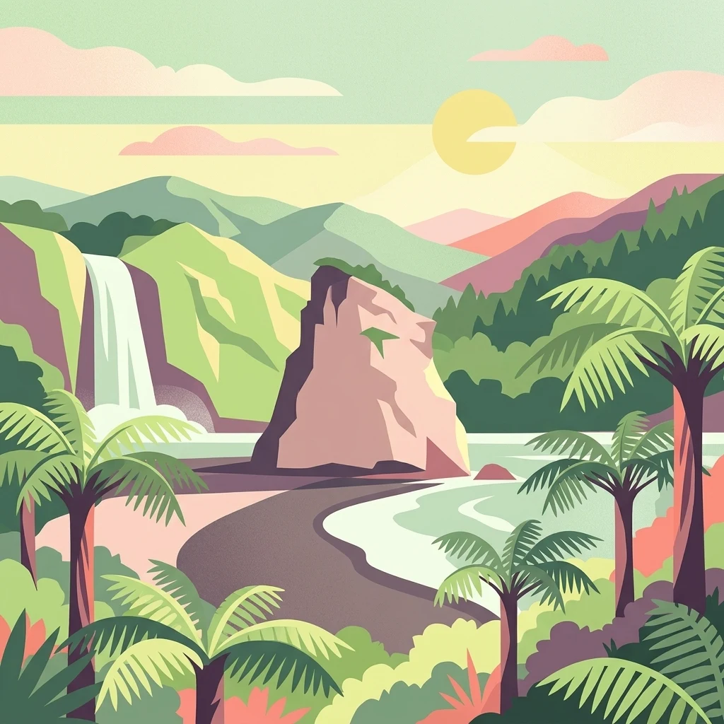 A flat-style digital illustration showing a tropical beach with a central large rock formation, a waterfall to the left, palm trees, and rolling hills in the background under a pale sun.